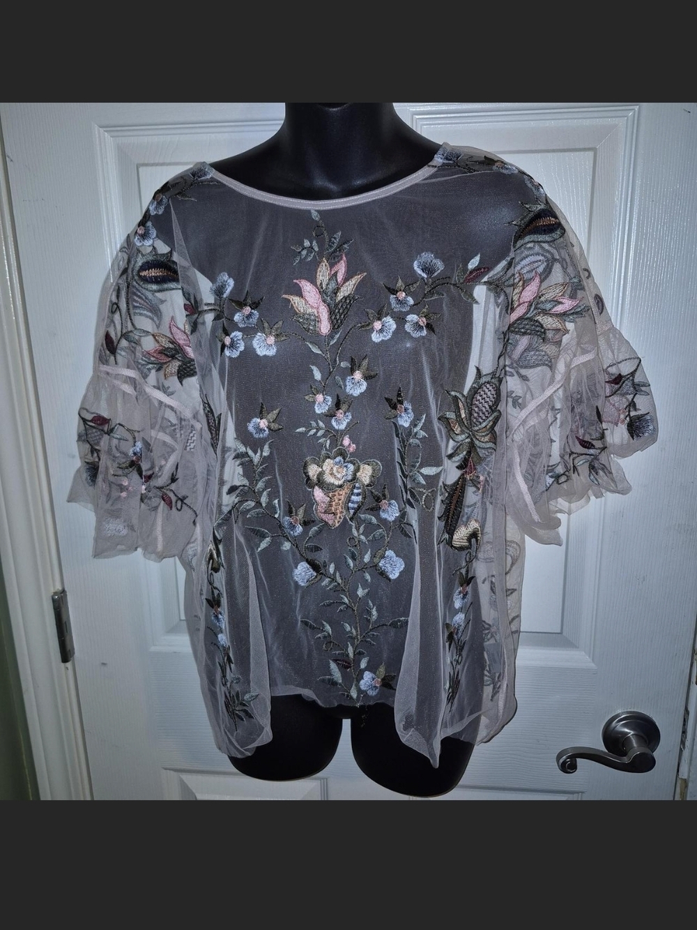 Embroidered Sheer Floral Ruffle Sleeve Blouse - Blush